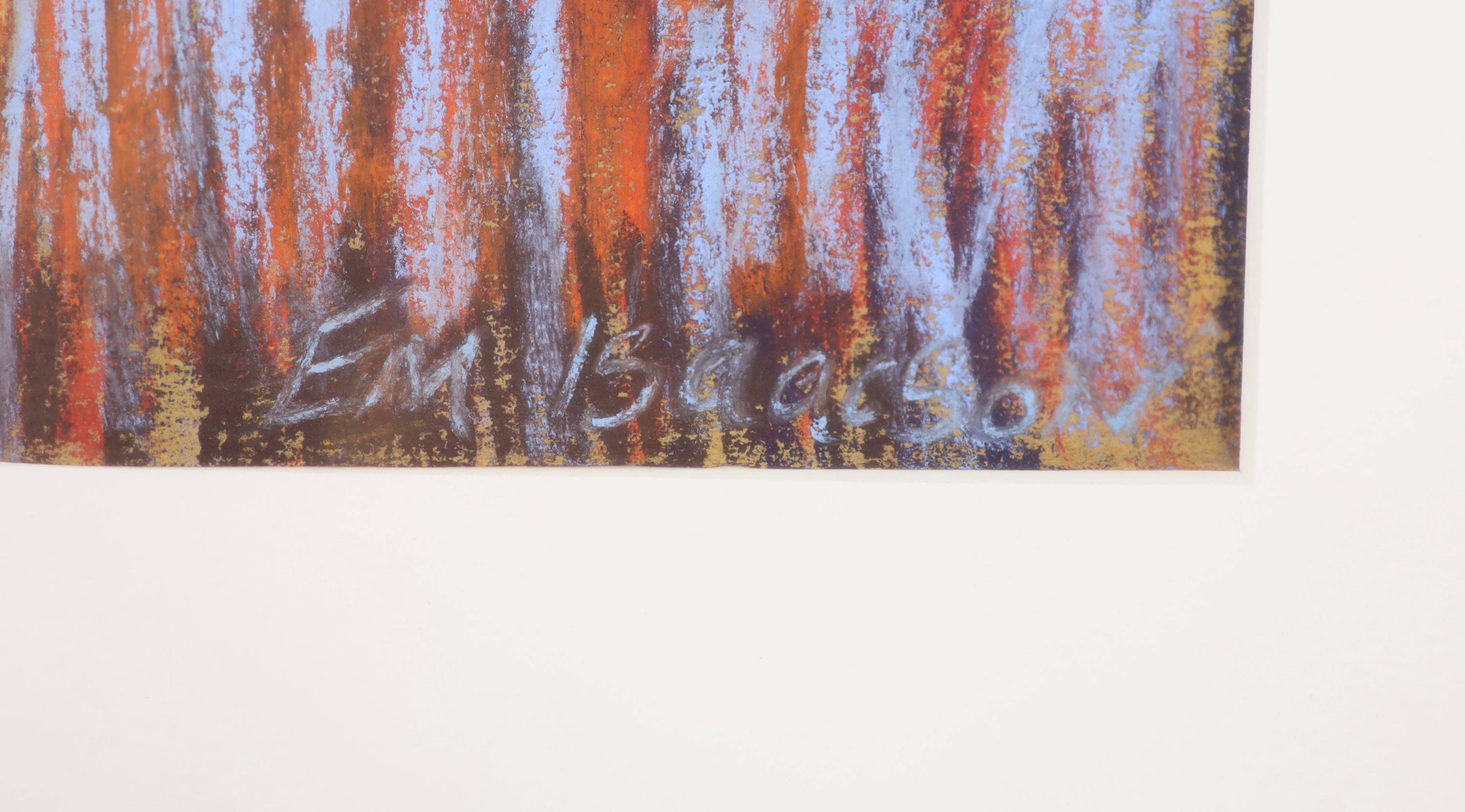 Em Isaacson, pastel on paper, 'Needlework', signed, 2005 Boundary Gallery label verso, 75 x 43cm